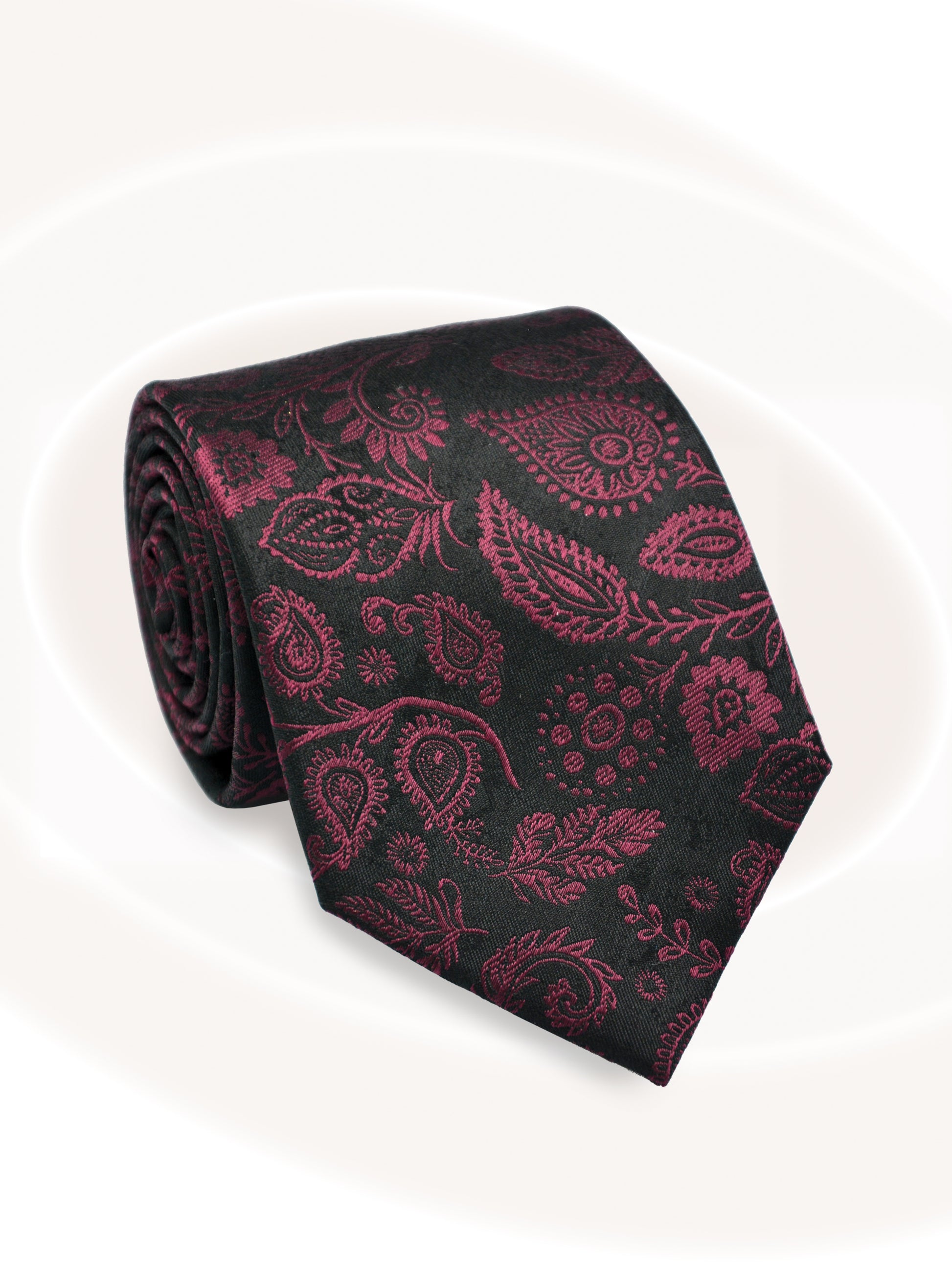 SilkPaisleyTie_Black_MaroonRoll