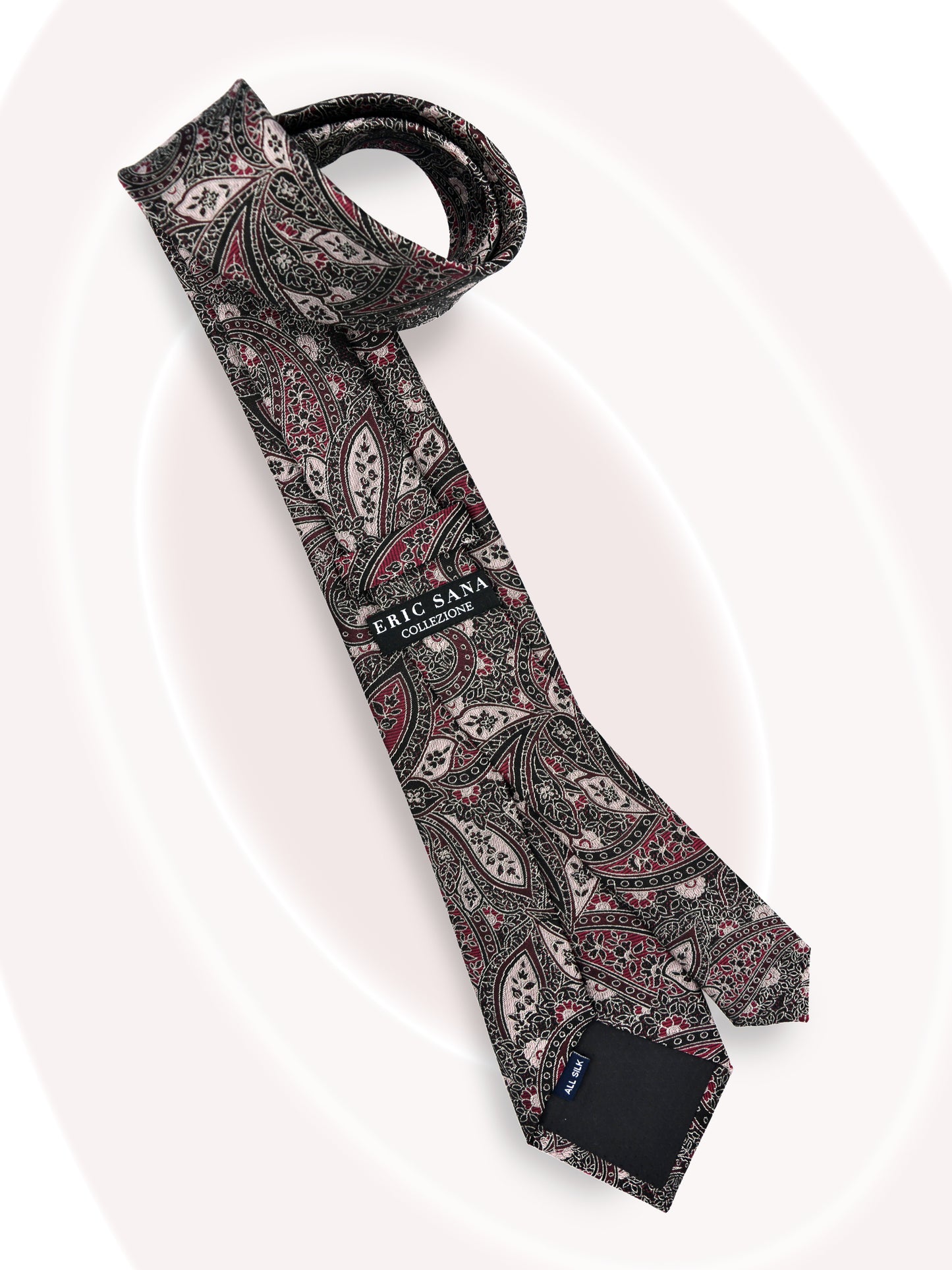SilkPaisleyTie_Black_Wine_OldRoseFlat