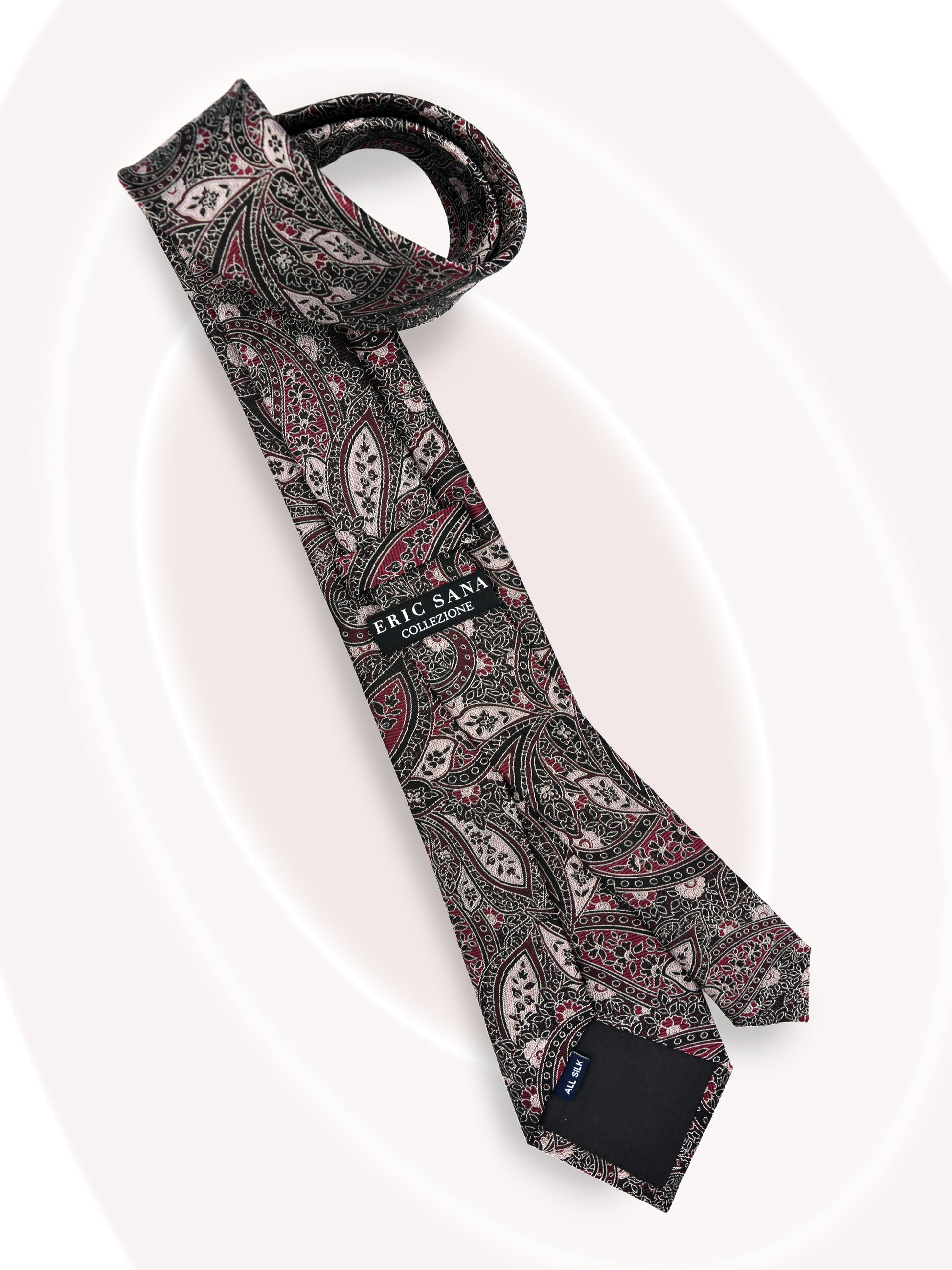 SilkPaisleyTie_Black_Wine_OldRoseFlat
