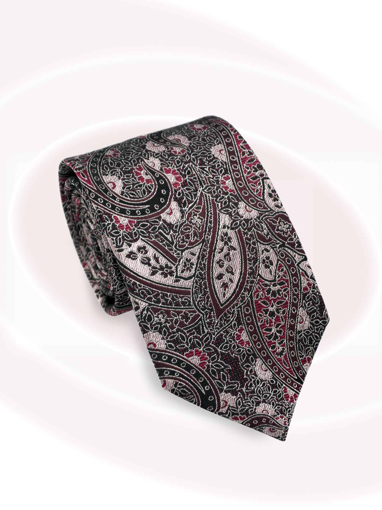 SilkPaisleyTie_Black_Wine_OldRoseRoll