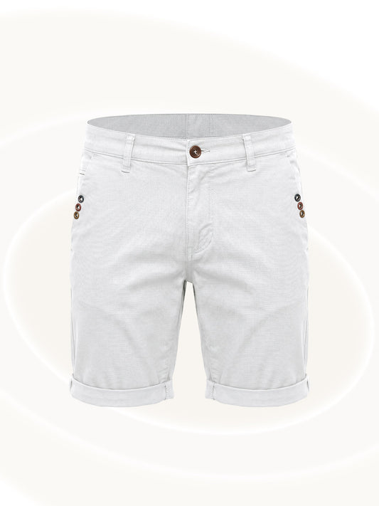 White denim shorts with brown buttons