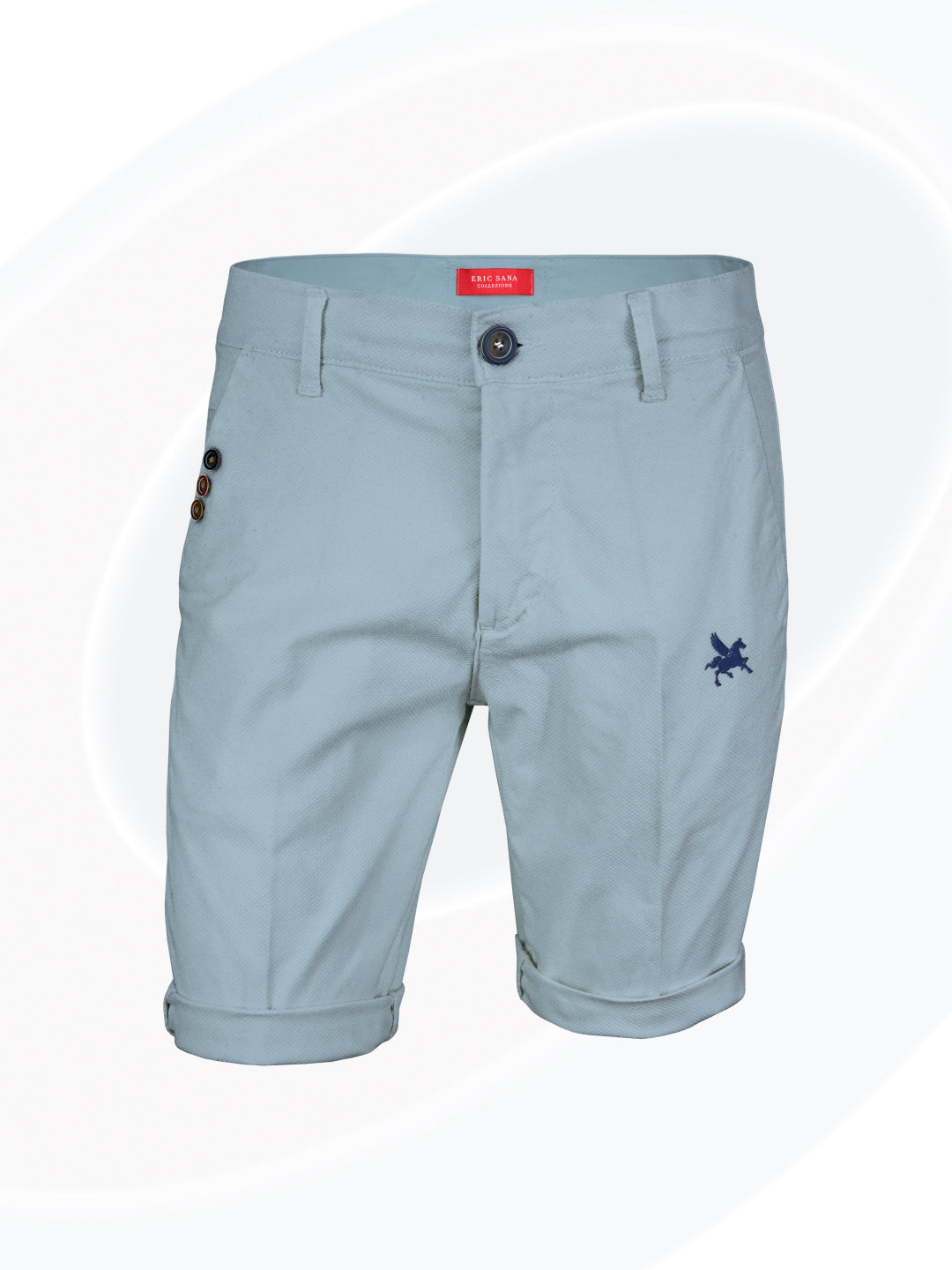 Light blue shorts with a small logo on a white background