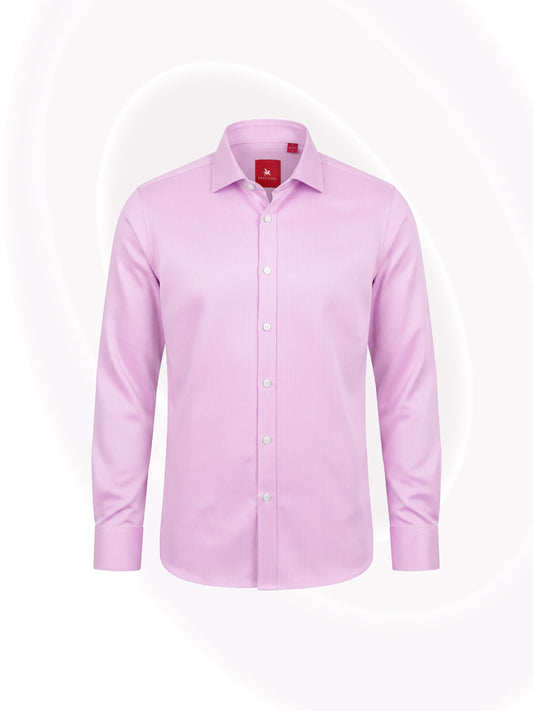 A light pink long-sleeve button-down dress shirt with a pointed collar and white buttons, shown on a white background with a faint circular graphic.