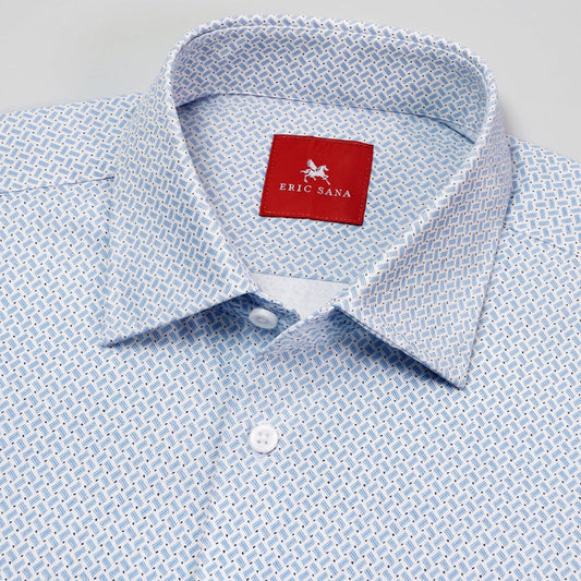 Light blue patterned shirt with a red Eric Sana label on a gray background