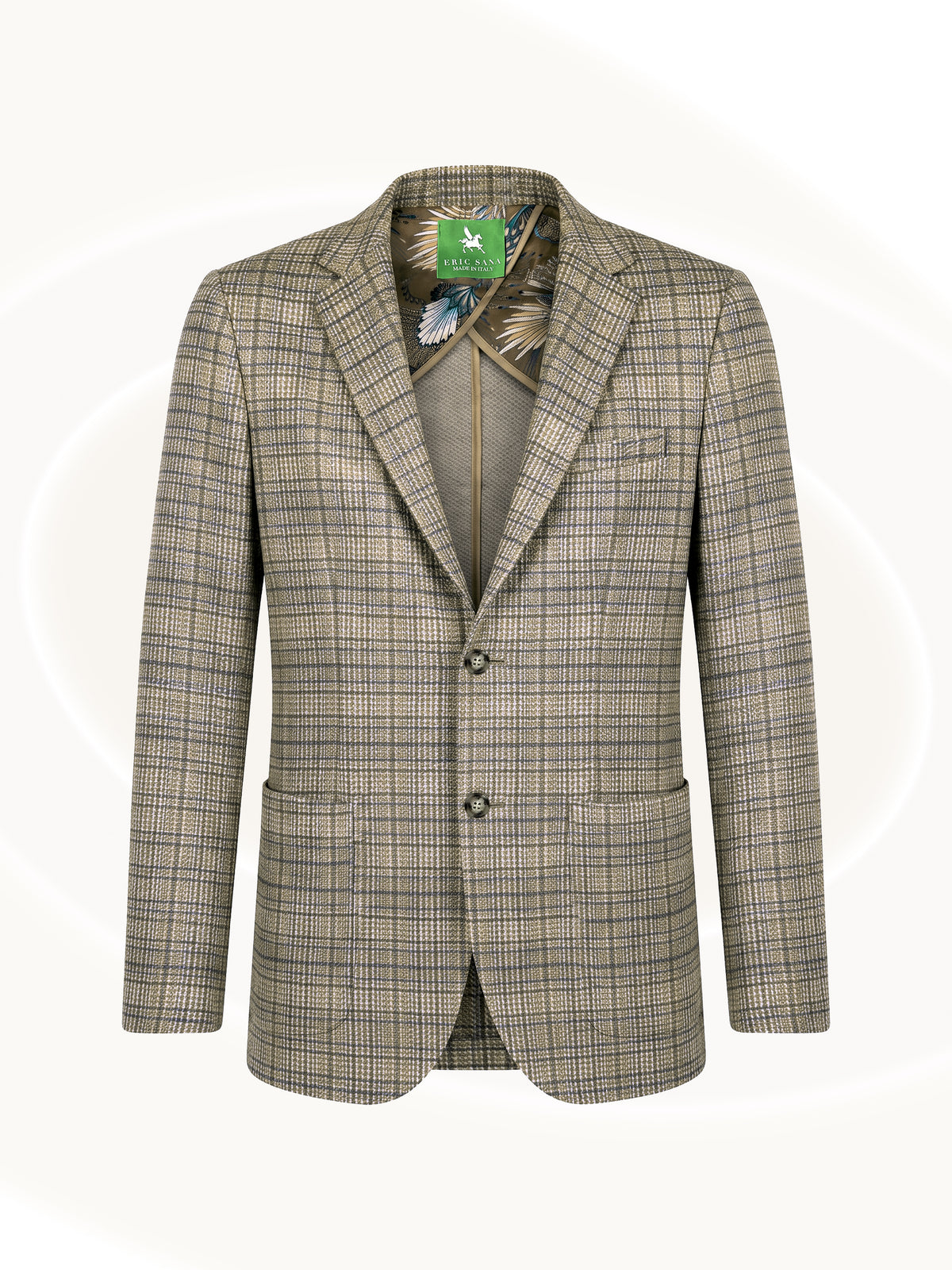 A men's two-button blazer in a beige and brown plaid pattern, shown against a light cream background with a subtle circular design.