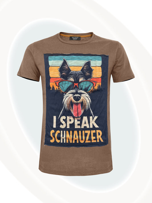 Brown t-shirt with a Schnauzer graphic and 'I Speak Schnauzer' text on a white background