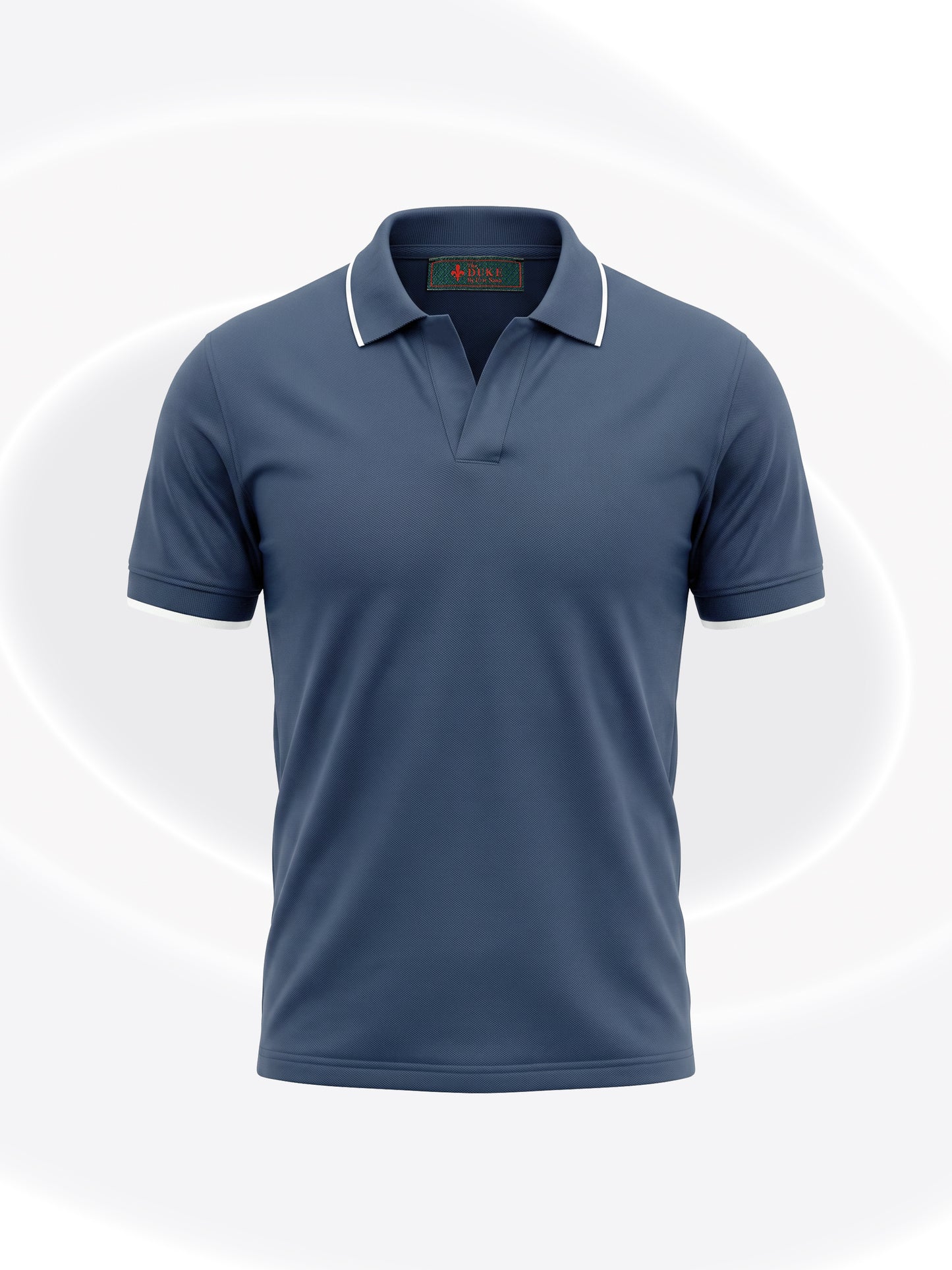 A short-sleeve polo shirt in slate blue with a white contrast collar, shown on a light gray background with subtle white circular patterns.