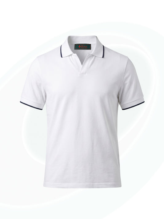 A white short-sleeve polo shirt with black piping trim on the collar and sleeve cuffs, shown against a light gray background with subtle circular patterns.