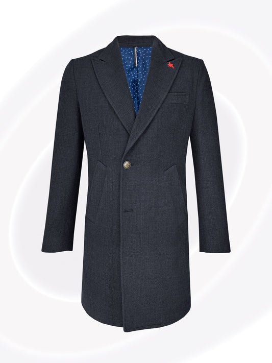 Dark gray overcoat with a blue patterned shirt underneath on a white background