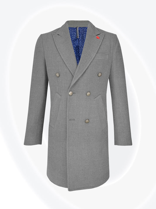 Gray overcoat with a patterned lining on a white background
