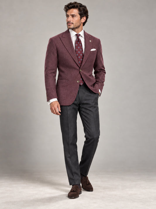 Giacca Lorenzo styled with charcoal Salerno Wool Pants, Essential White Shirt and Eric Sana Italian silk tie