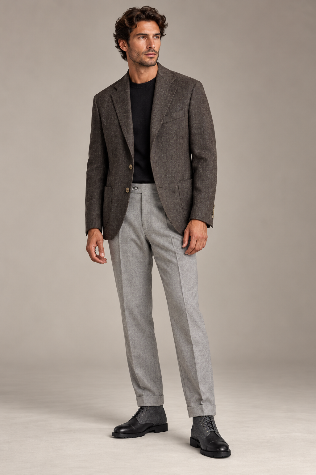 Eric Sana Giacca Vianello Wood Brown jacket with Vianello Misty Gray trousers and Eric Sana Jumper Boots