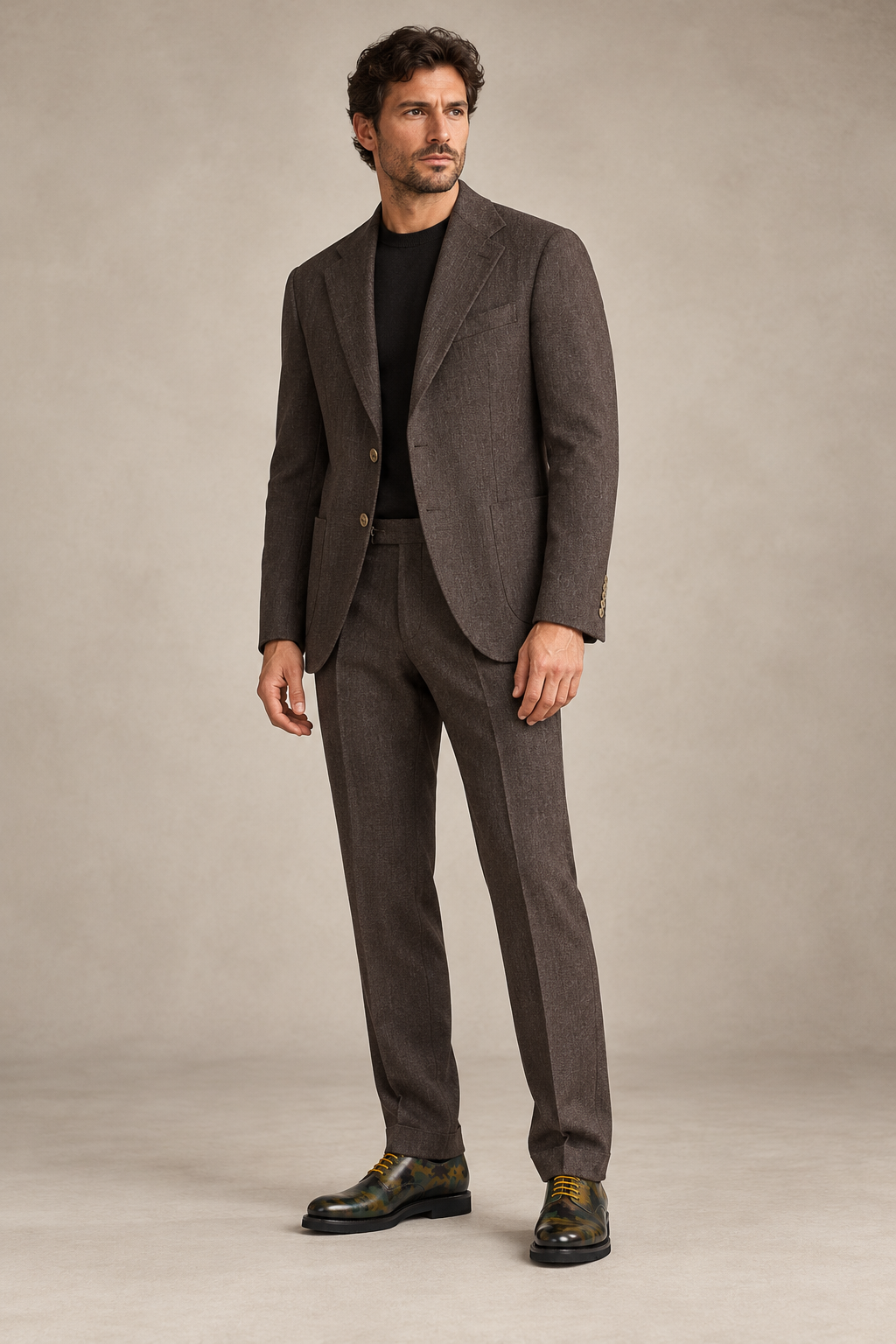 Eric Sana Giacca Vianello Wood Brown jacket with matching Vianello Wood Brown trousers and Eric Sana Marcus Shoes