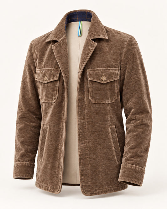 Viani Velvet Cotton Stretch Shacket on a studio bust form showing side-entry pockets, striped hanger loop, and interior center seam
