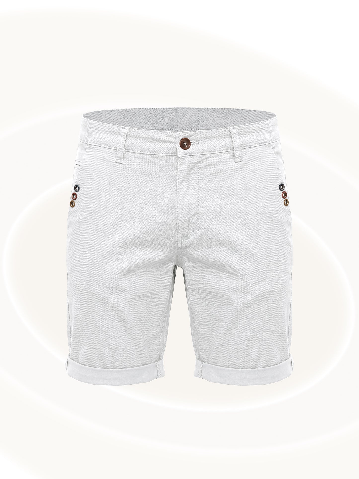 White denim shorts with brown buttons