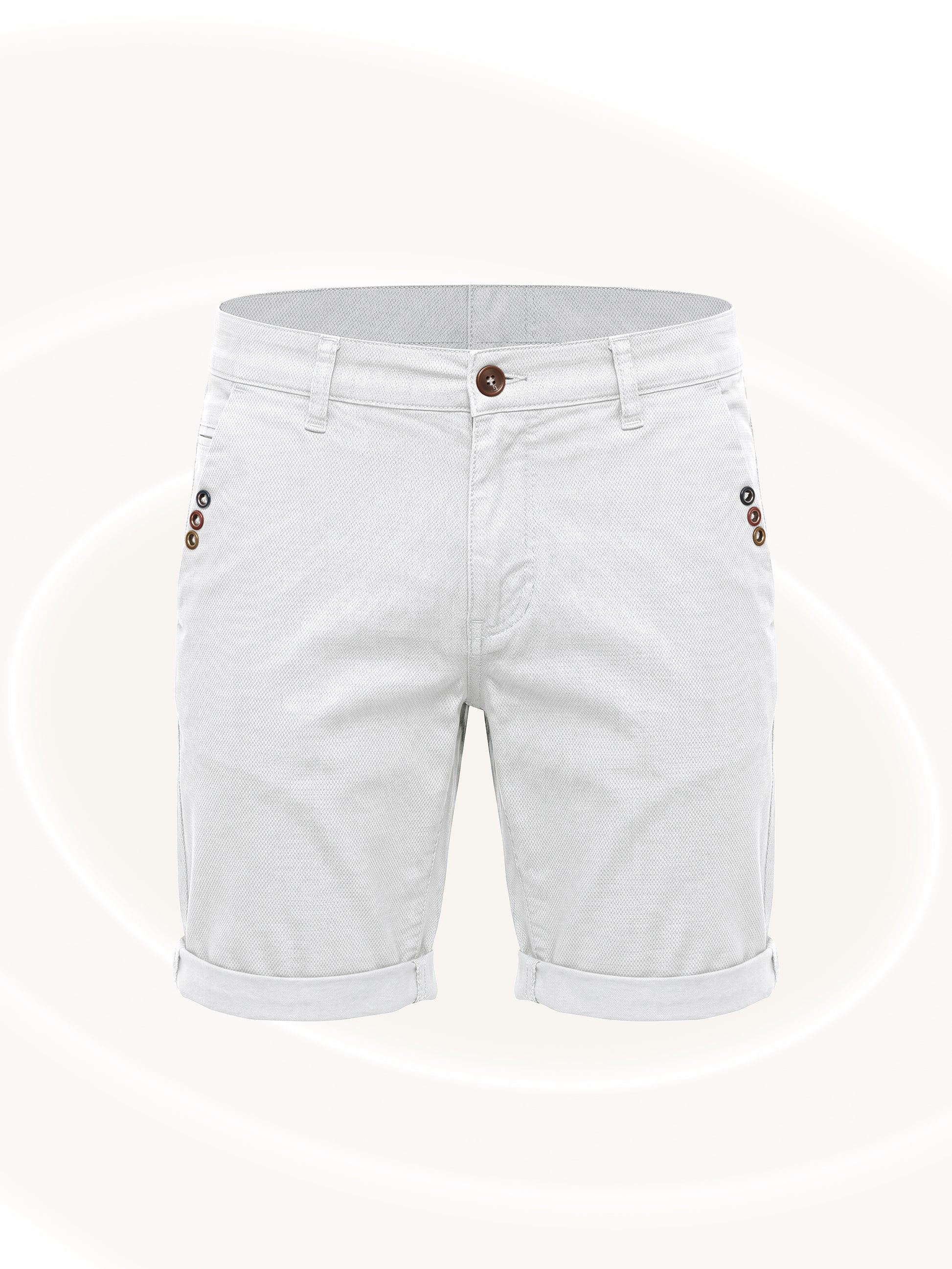 White denim shorts with brown buttons