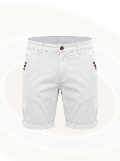 White denim shorts with brown buttons
