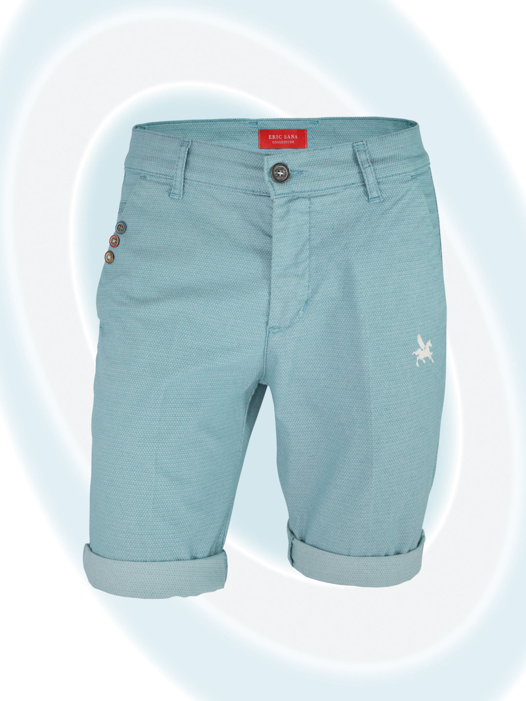 Light blue shorts with a brand label on a light blue background