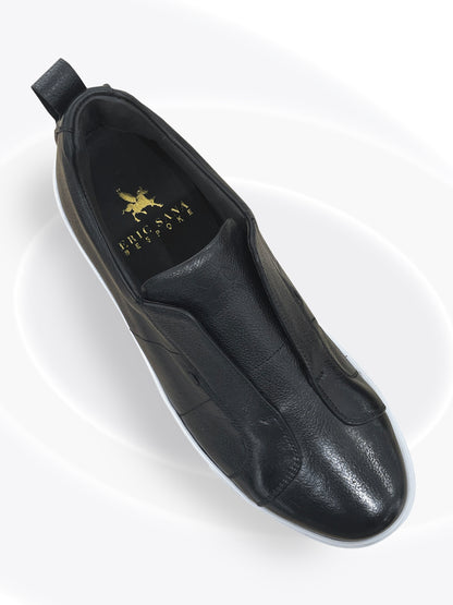 Black leather shoe with a brand logo on a white background