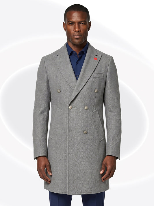 Man wearing a gray overcoat with a white background
