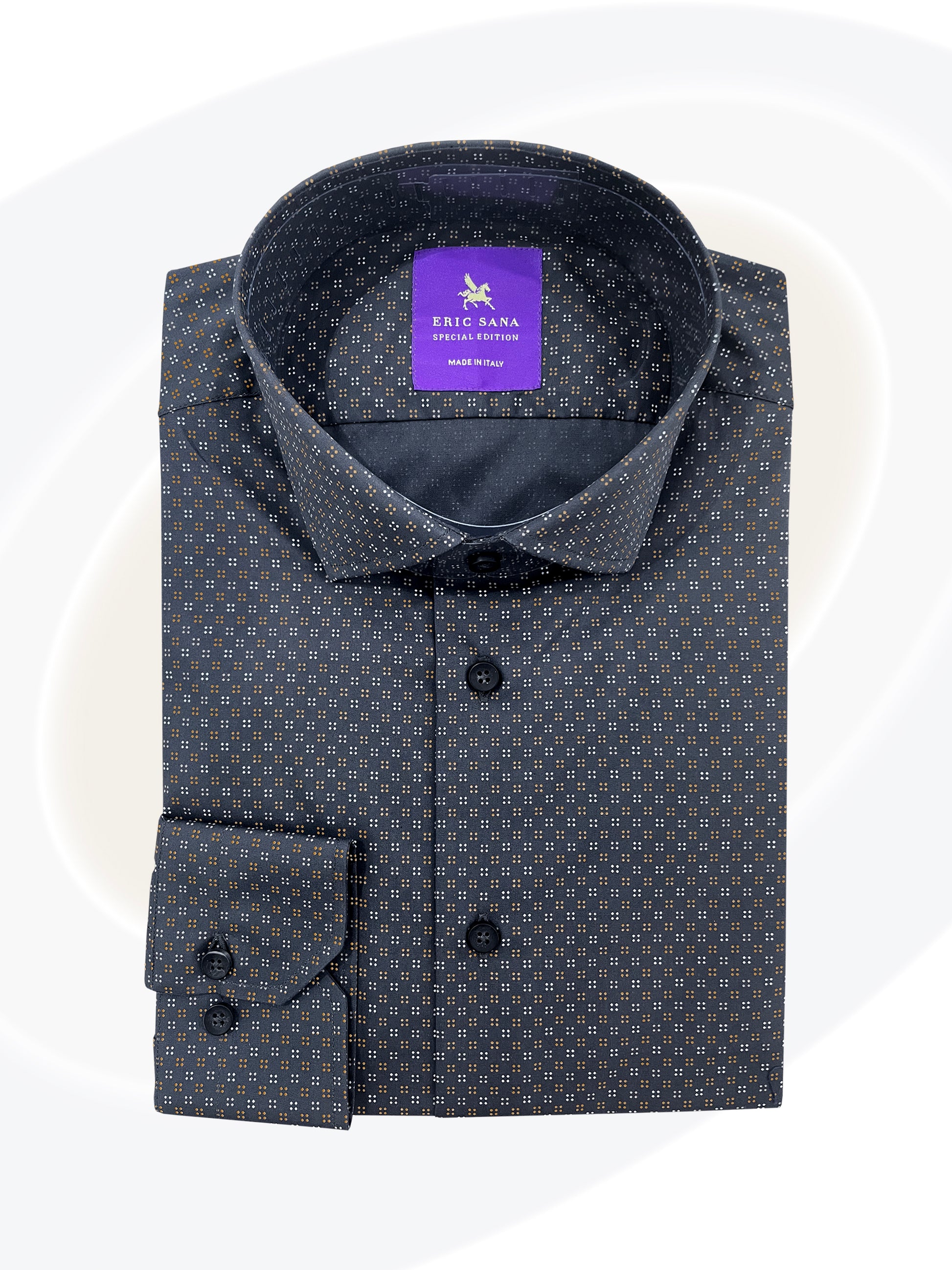 Folded dark gray dress shirt with subtle pattern