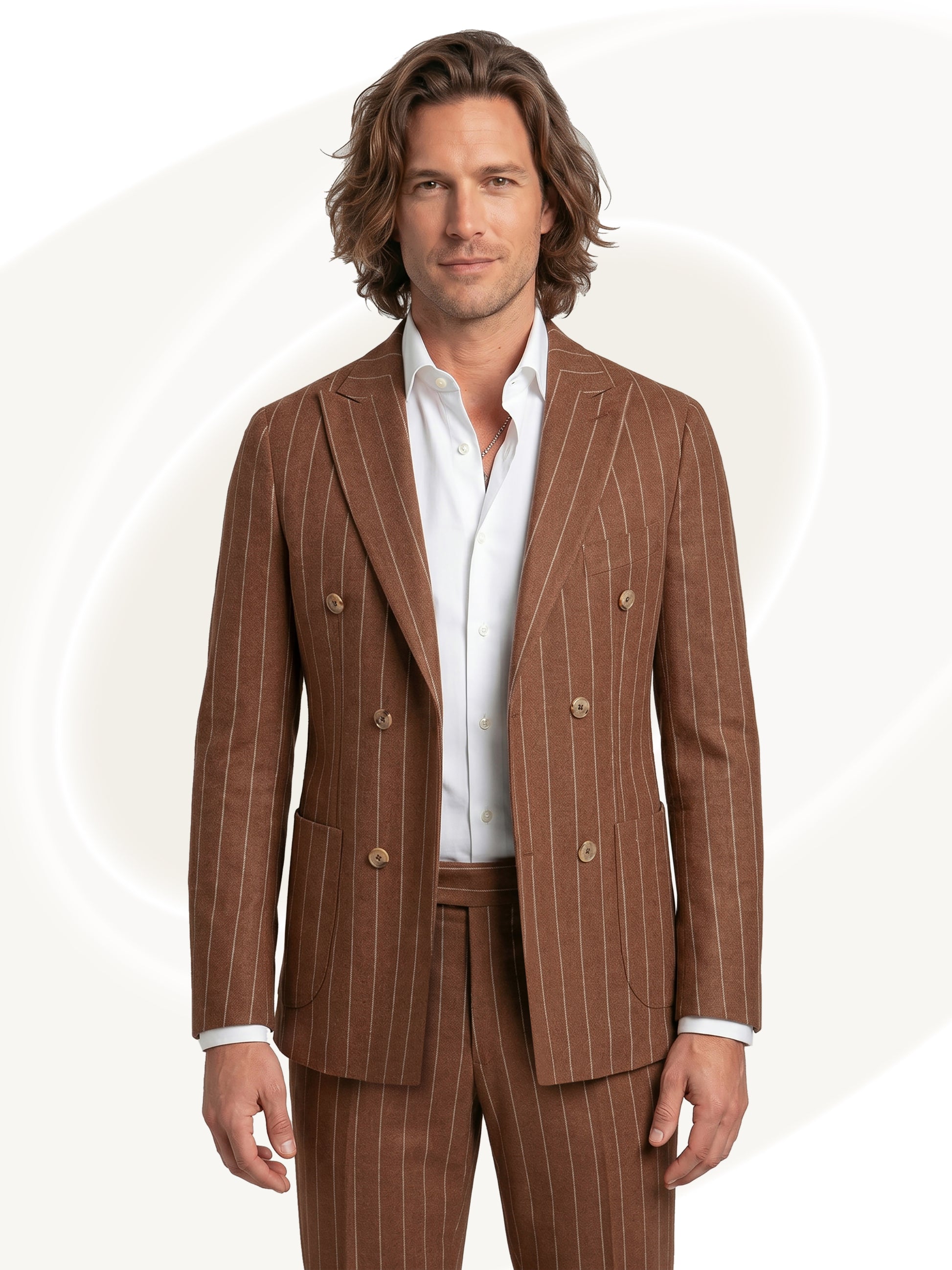 Man wearing a brown pinstripe suit with a white shirt on a white background
