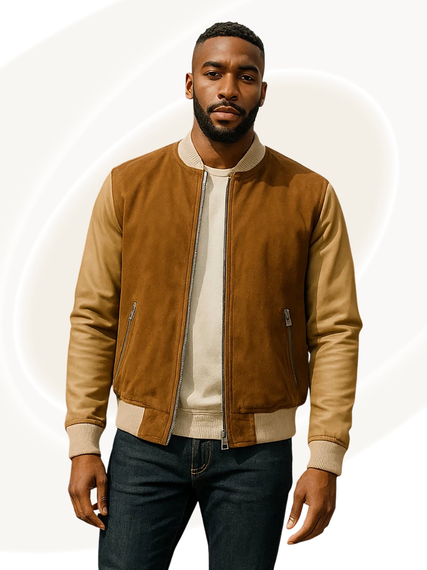Man wearing a suede tobacco and beige jacket on a white background
