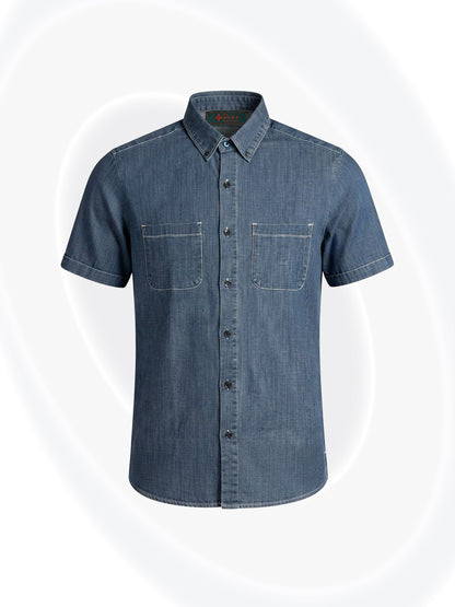 A short-sleeve denim button-up shirt with two chest pockets, shown on a light gray background with subtle white circular accents.