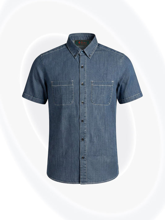 A short-sleeve denim button-up shirt with two chest pockets, shown on a light gray background with subtle white circular accents.