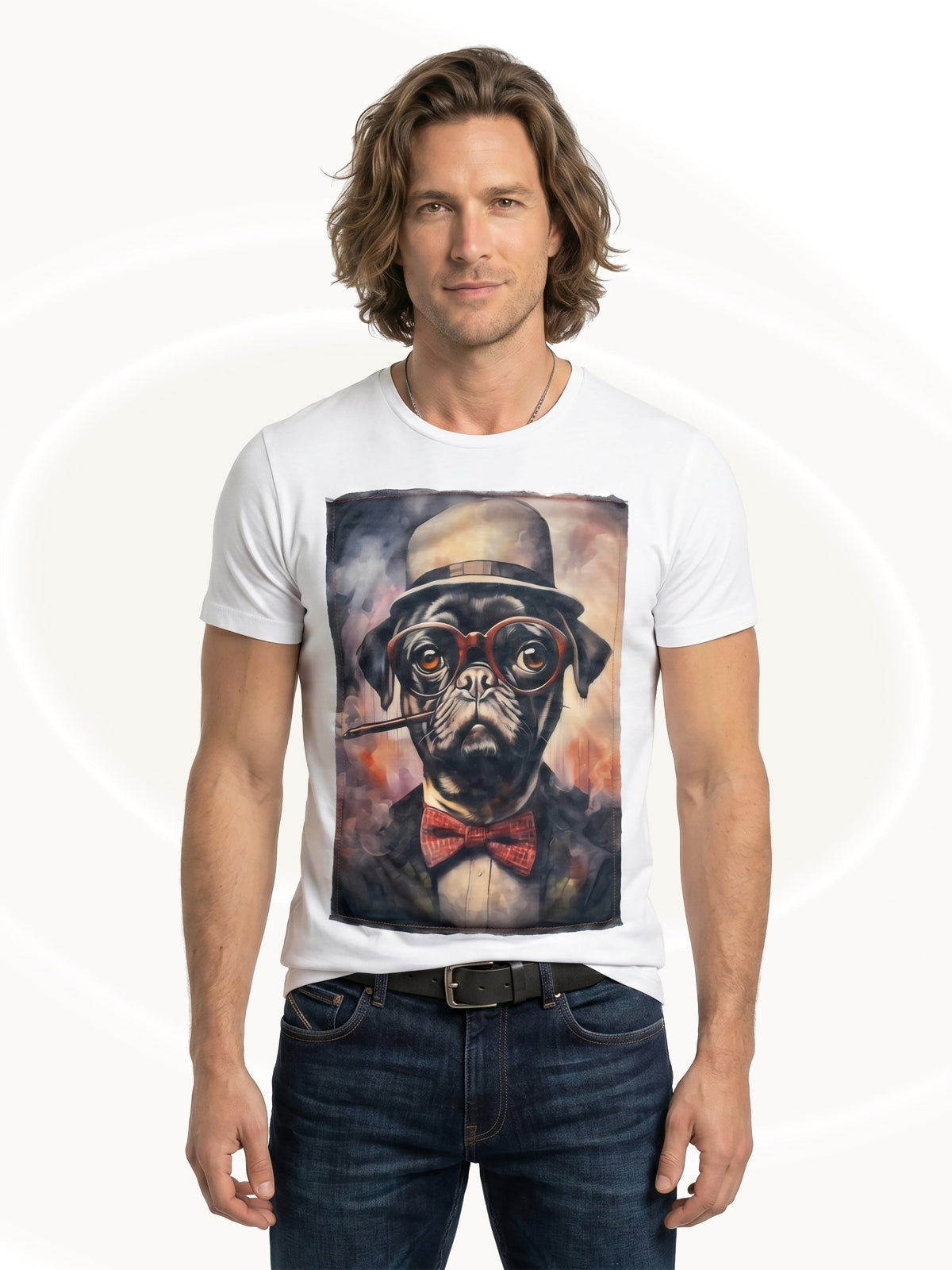 Man wearing a white t-shirt with a graphic of a pug in a bowler hat and bow tie.