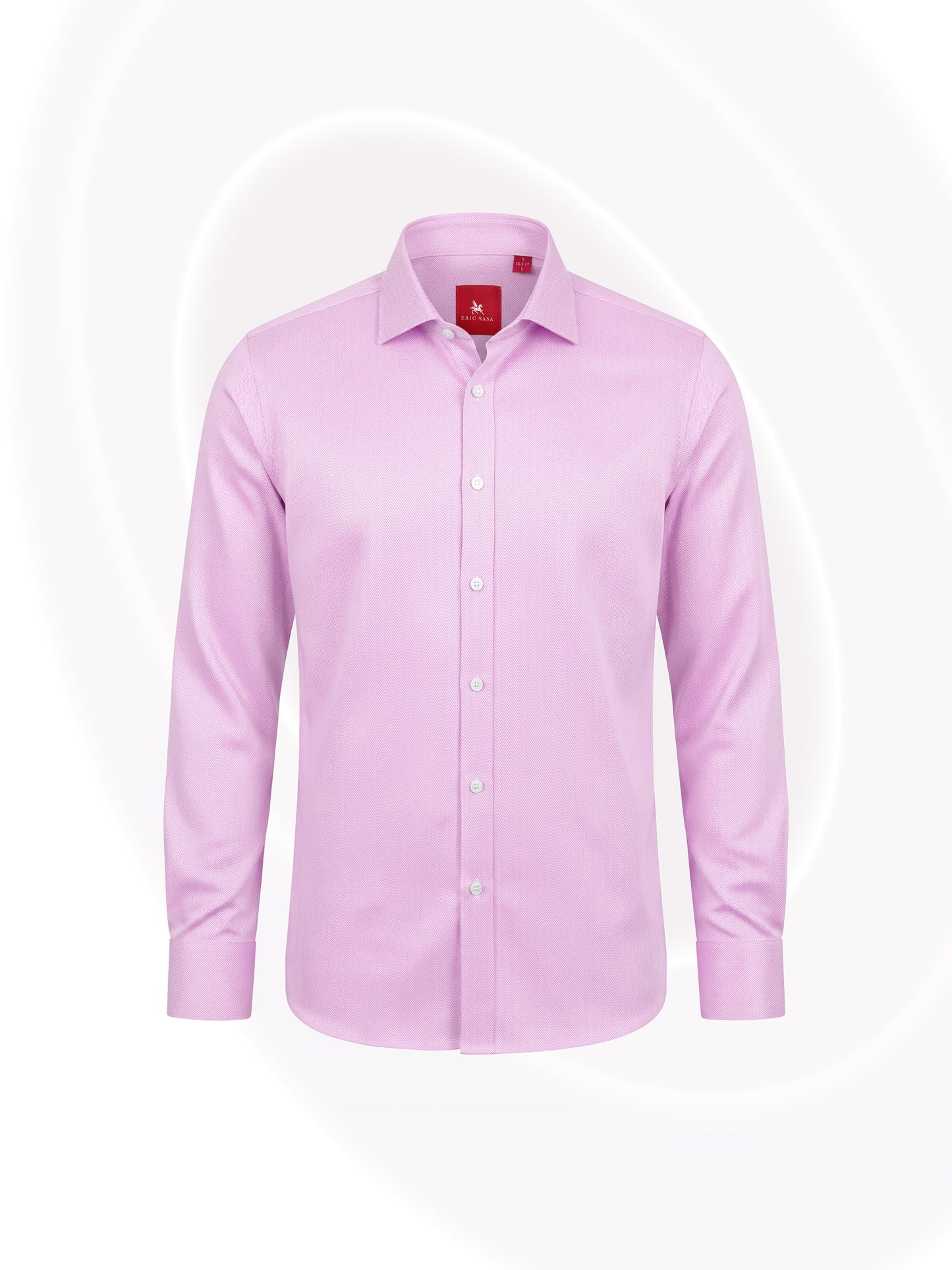 Pink herringbone long-sleeve button-down Essential Shirt with a classic collar and red Eric Sana label, displayed on a white background.