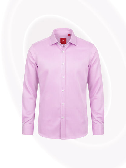 Pink herringbone long-sleeve button-down Essential Shirt with a classic collar and red Eric Sana label, displayed on a white background.
