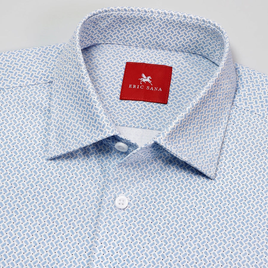 Light blue patterned shirt with a red Eric Sana label on a gray background