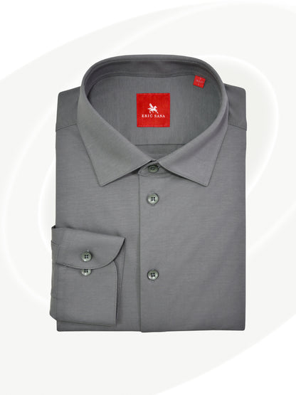 Steel grey plain long-sleeve Essential Shirt neatly folded with a red Eric Sana logo label, displayed on a white background.