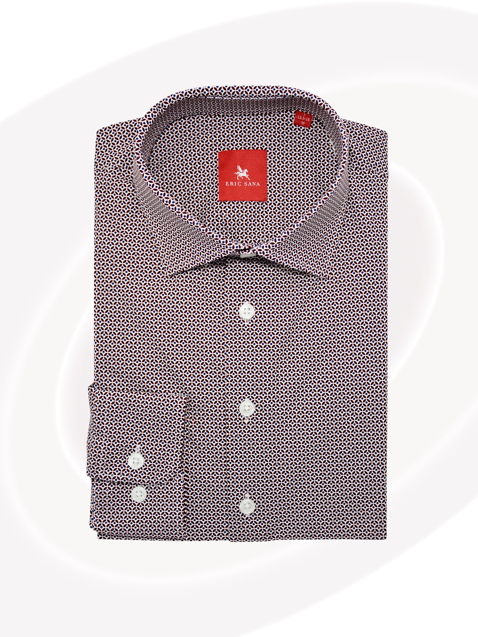 Rose wine dotted print long-sleeve Essential Shirt neatly folded with a red Eric Sana logo label, displayed on a white background.