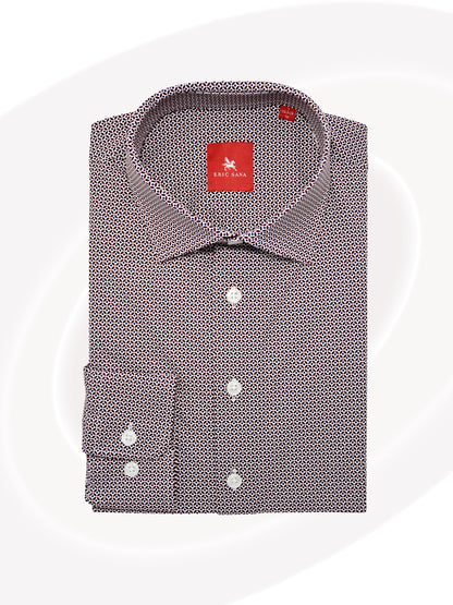 Rose wine dotted print long-sleeve Essential Shirt neatly folded with a red Eric Sana logo label, displayed on a white background.