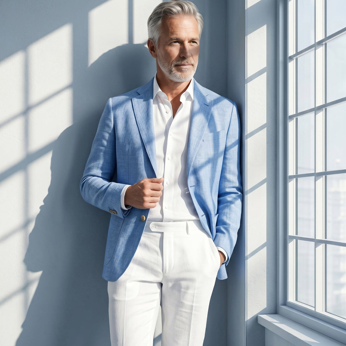 Man wearing a light blue blazer over a white shirt and pants, standing in a bright room with large windows.
