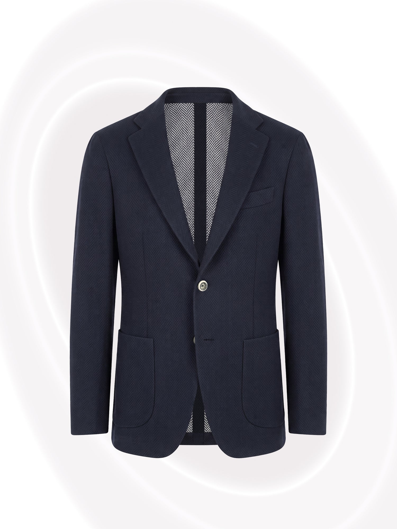 A dark navy blue blazer with notched lapels, two front buttons, and front patch pockets, shown against a light gray background with subtle white curved lines.