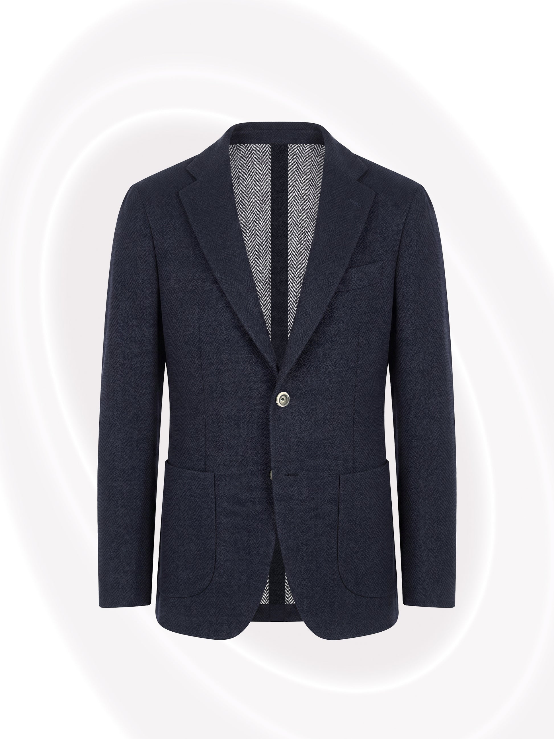 A dark navy blue blazer with notched lapels, two front buttons, and front patch pockets, shown against a light gray background with subtle white curved lines.