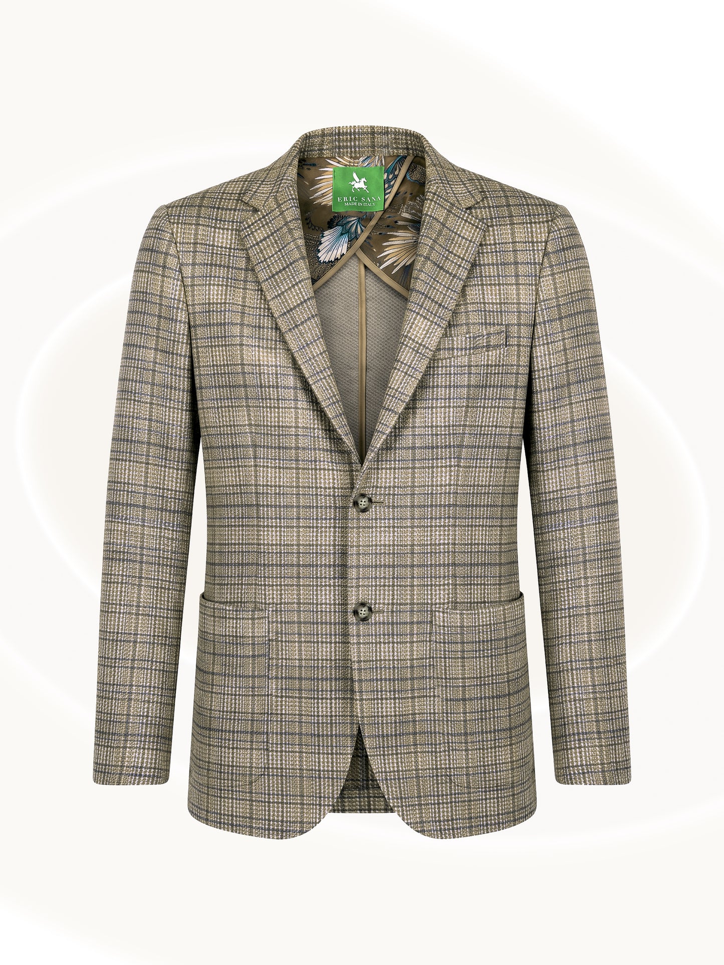 A men's two-button blazer in a beige and brown plaid pattern, shown against a light cream background with a subtle circular design.