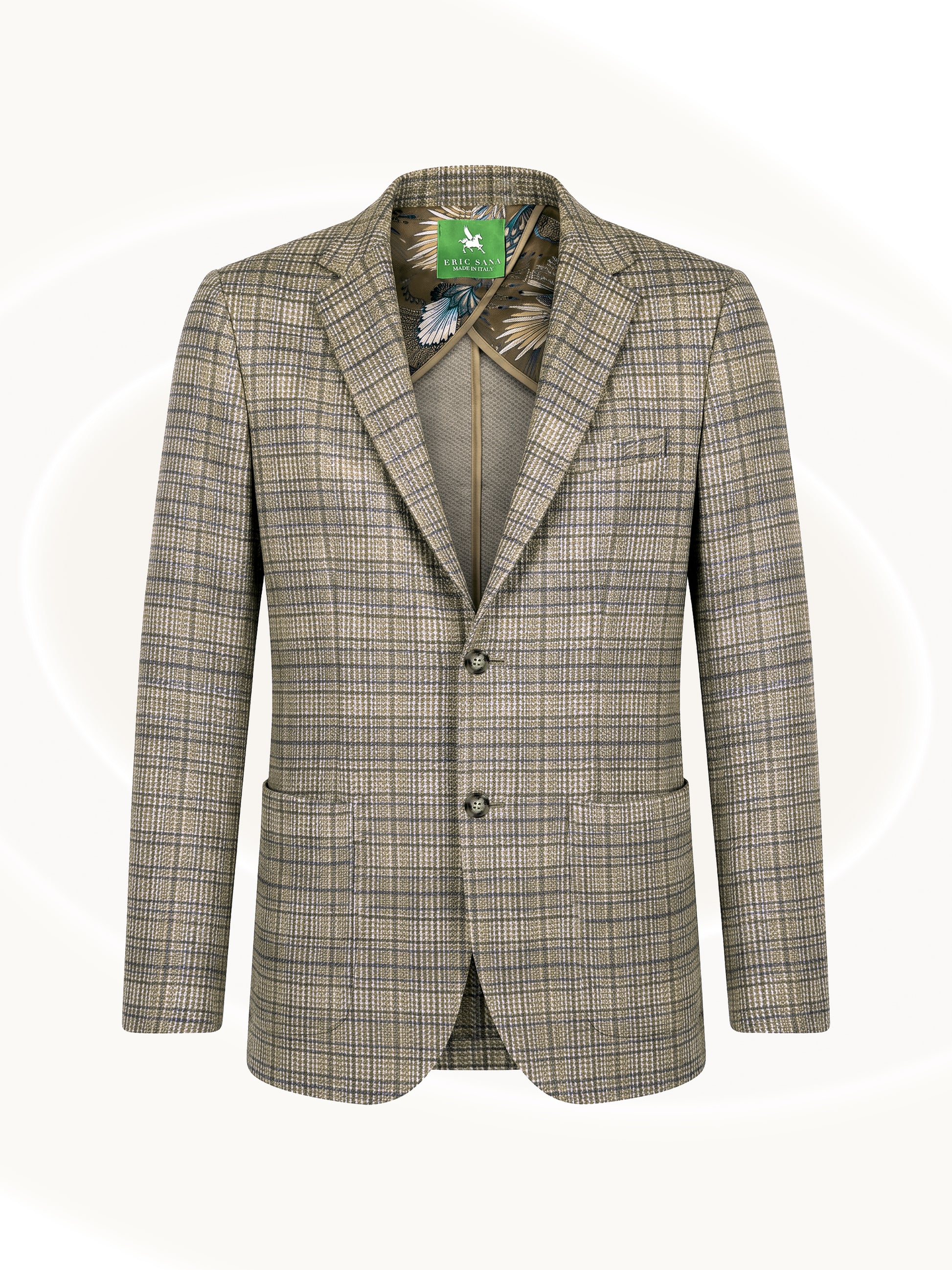 A men's two-button blazer in a beige and brown plaid pattern, shown against a light cream background with a subtle circular design.