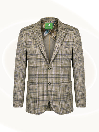A men's two-button blazer in a beige and brown plaid pattern, shown against a light cream background with a subtle circular design.