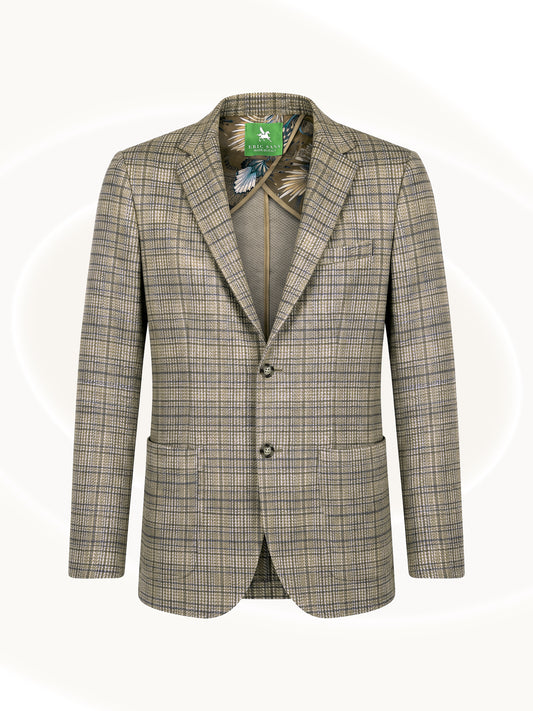A men's two-button blazer in a beige and brown plaid pattern, shown against a light cream background with a subtle circular design.