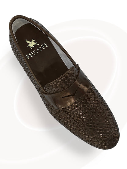 Black woven loafer shoe with brand logo on a white background