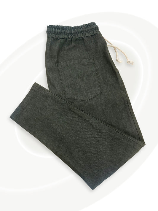 Military green pants with drawstring on a white background
