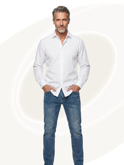 Man wearing a white shirt and blue jeans on a white background