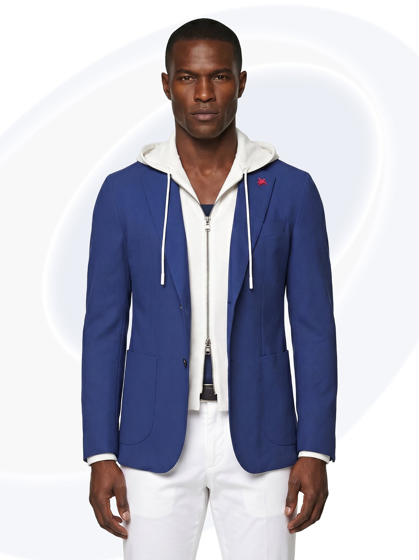 Man wearing a blue jacket with a white hoodie on a white background