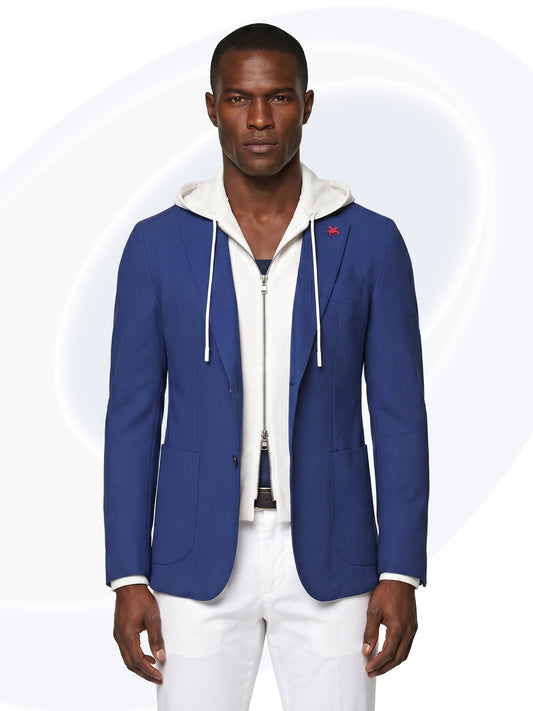 Man wearing a blue jacket with a white hoodie on a white background