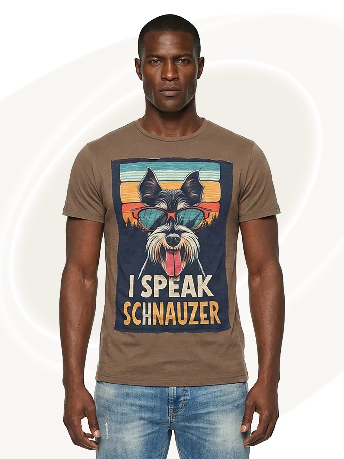 Man wearing a brown t-shirt with a Schnauzer graphic and text on a white background
