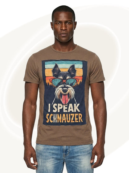 Man wearing a brown t-shirt with a Schnauzer graphic and text on a white background